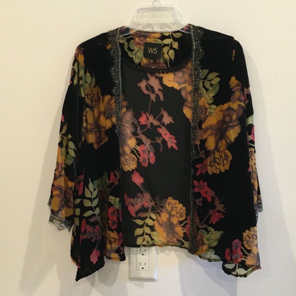 W5 Black Semi Sheer Floral Open Front Kimono Cardigan